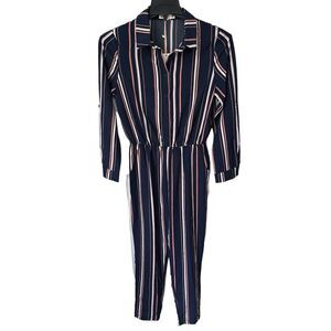 Jumpsuit Striped Ladies Size Medium Striped Elastic Waistband Pockets Navy Blue‎